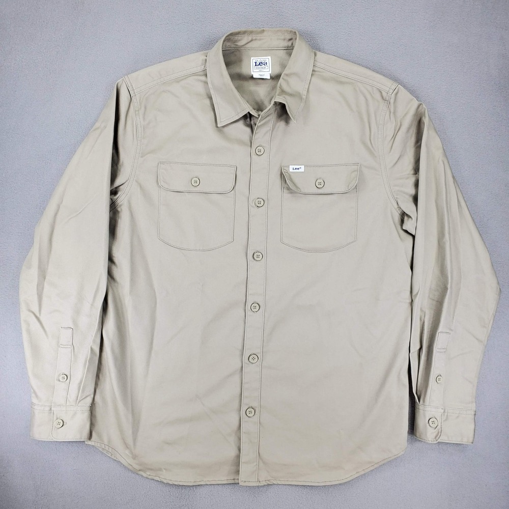 Lee Button Down Shirt Men‎ L Tan Workwear Long Sleeve Twill Utility Pocket Heavy